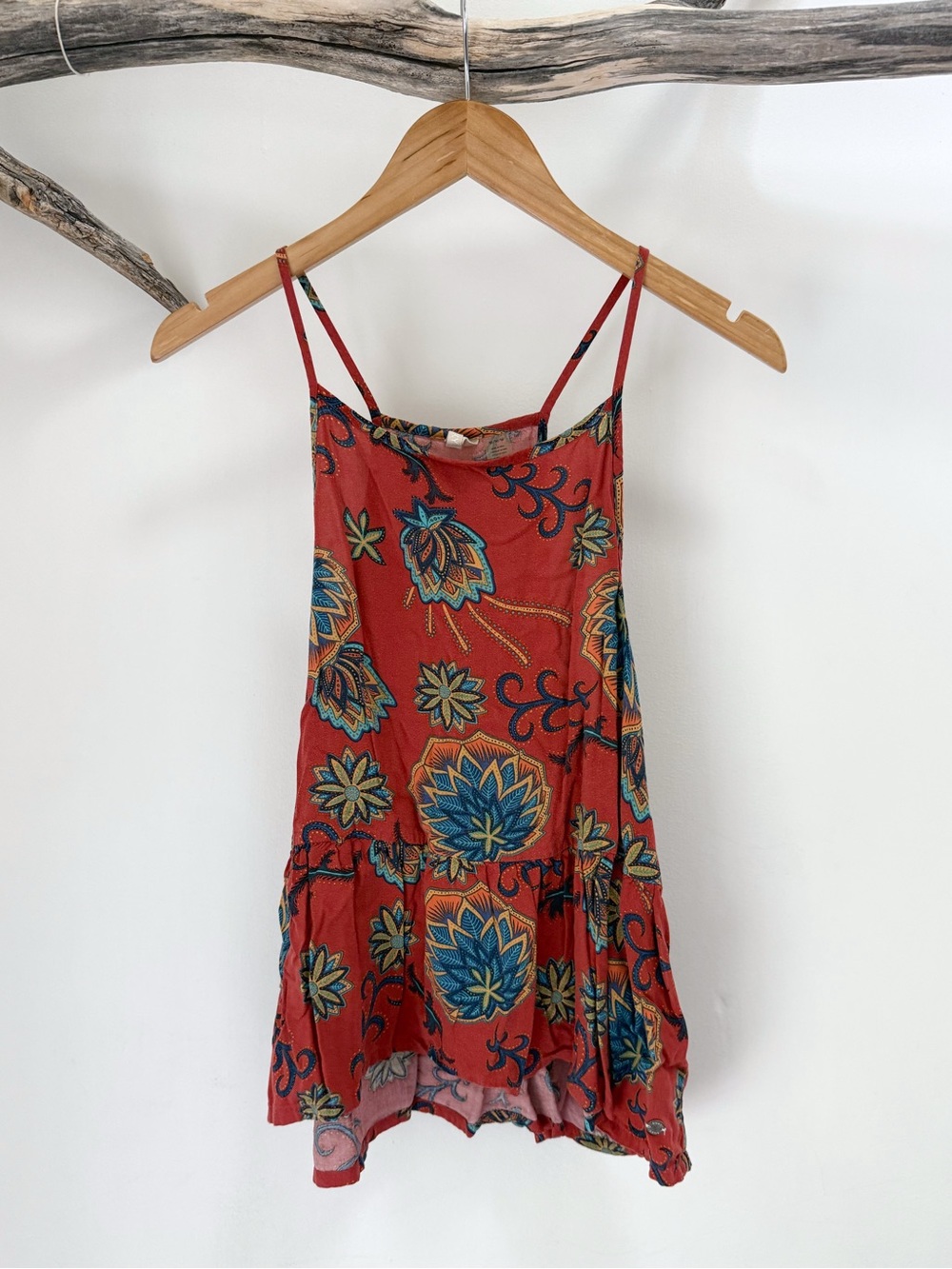 Roxy | Rust Red Paisley High Halter Neck Airy Tiered Tank Top Summer Boho Medium